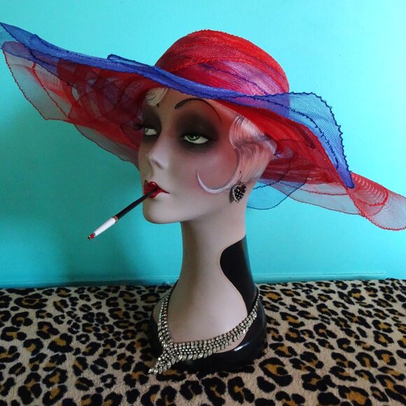 Vintage Purple & Red Sheer Wide Brim Sun Hat summer church hat pinup retro glam main image 6